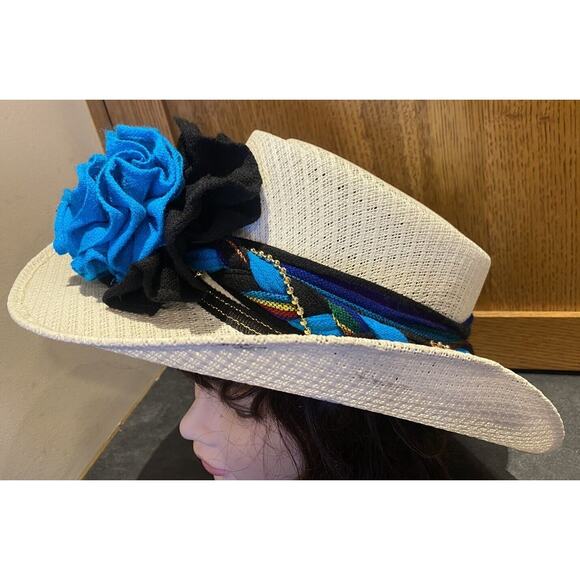 VTG Mexico Straw Fashion Cowboy Women’s Hat Turquoise Flower Black Band Fit 7 - Picture 4 of 10